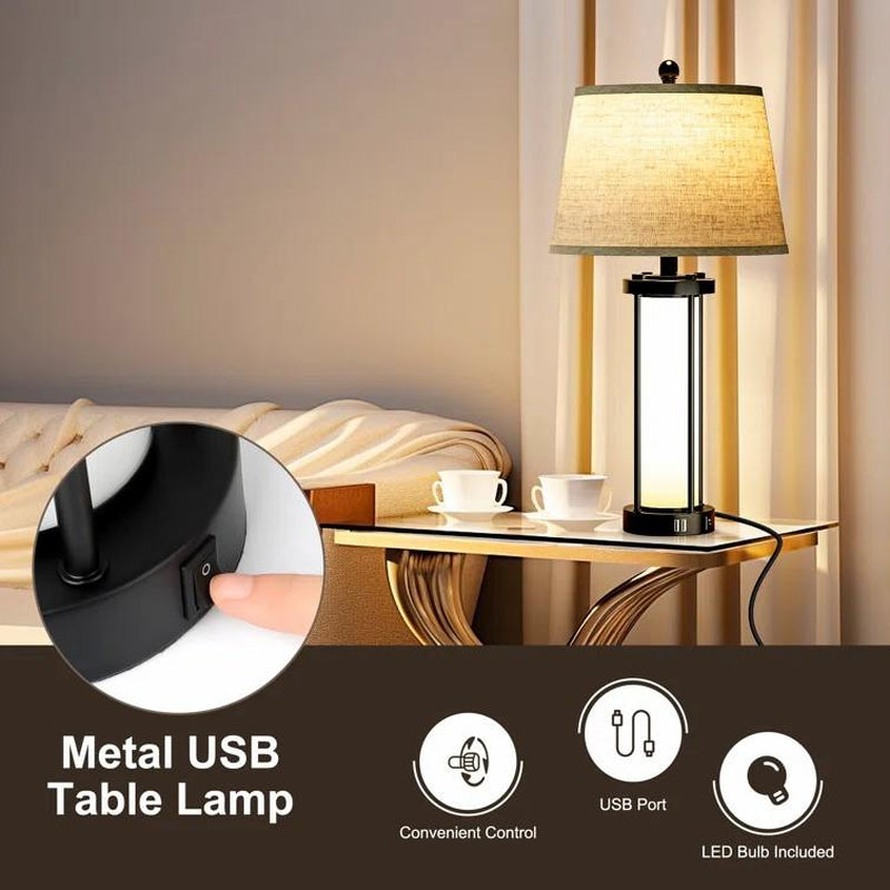 Bedside Table Lamp with USB Port - Touch Control for Bedroom Nightstand Lamp with round Flaxen Fabric Shade for Living Room, Dorm, Home Office (LED Bulb Included)