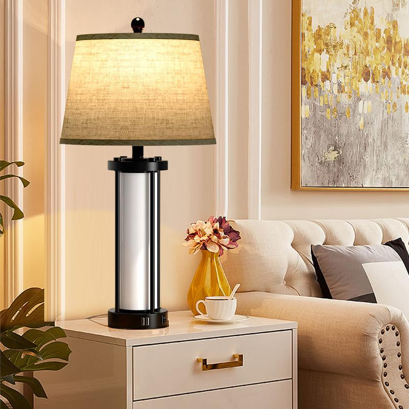 Bedside Table Lamp with USB Port - Touch Control for Bedroom Nightstand Lamp with round Flaxen Fabric Shade for Living Room, Dorm, Home Office (LED Bulb Included)