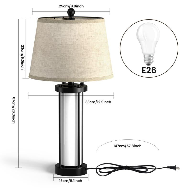Bedside Table Lamp with USB Port - Touch Control for Bedroom Nightstand Lamp with round Flaxen Fabric Shade for Living Room, Dorm, Home Office (LED Bulb Included)
