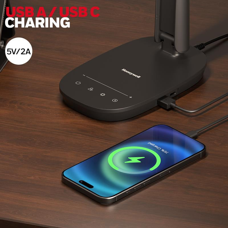 Honeywell Desk Lamp H2 | CRI≥94 Eye-Caring Foldable LED Light USB A+C Dual Charging | 30,000H Life | 4 Modes Touch Control, Timer & Dimmable | Perfect for Home Office, Study & Nightstand | Trending Must-Have for Remote Work!