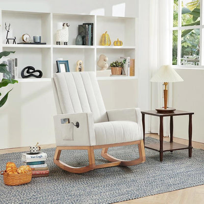 VECELO Rocking Chair with USB Charging Port Nursery Chair Upholstered Glider Rocking Chair Upholstered Seat High Back Armchair Comfort Side Chair for Living Room Bedroom Office (Ivory/Gray/Brown)