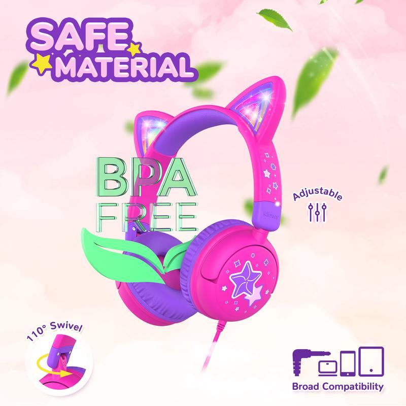 Iclever Kids Cat Ear Led Lights up Wired Headphones 85Dba Safe Volume Stereo Sound I Clever Cable Adjustable Headset