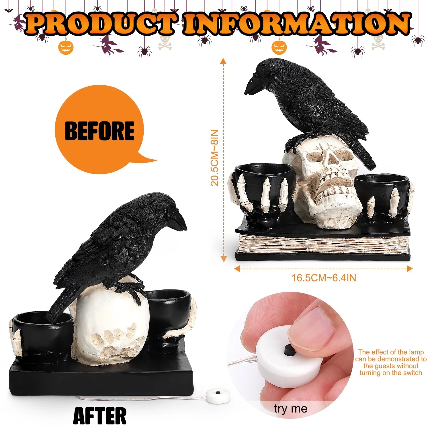 Halloween Skull Decorations with LED Lights, Halloween Candlesticks, Raven Decor, Halloween Decor