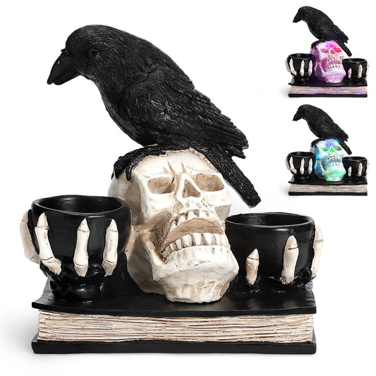 Halloween Skull Decorations with LED Lights, Halloween Candlesticks, Raven Decor, Halloween Decor
