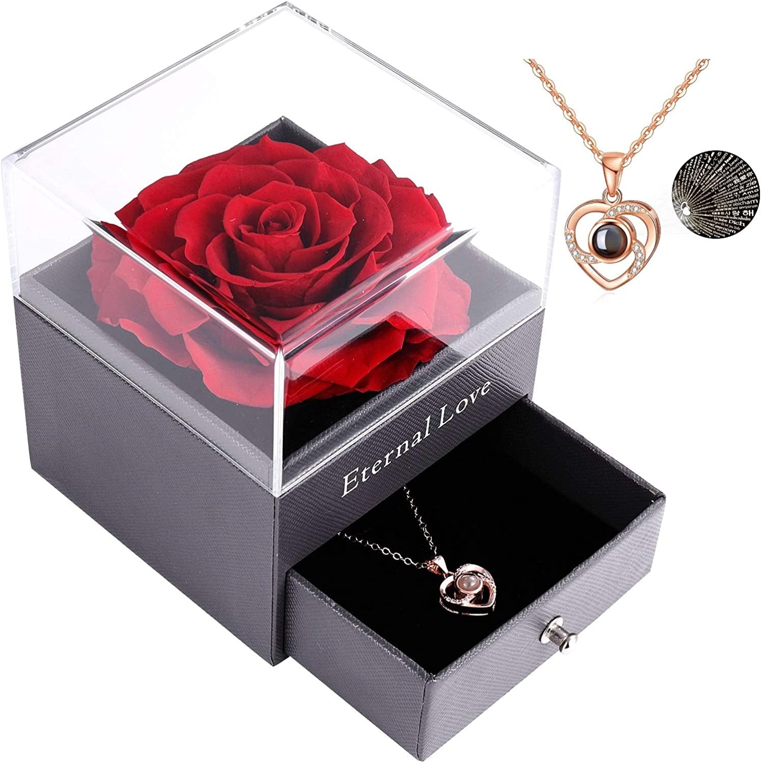 Real Preserved Red Rose - Eternal Rose Gift Box with Rose Necklace, Handmade Fresh Rose Gift for Her on Birthday,Christmas,Mother'S Day,Valentine'S Day (Red)
