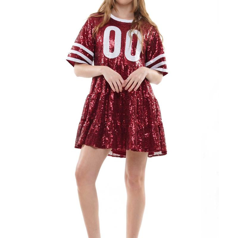 Touchdown Sequin Dress in Crimson and White