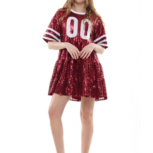 Touchdown Sequin Dress in Crimson and White