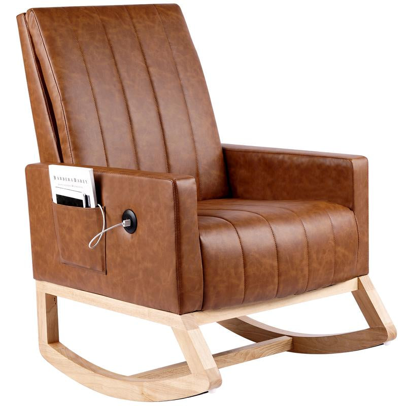 VECELO Rocking Chair with USB Charging Port Nursery Chair Upholstered Glider Rocking Chair Upholstered Seat High Back Armchair Comfort Side Chair for Living Room Bedroom Office (Ivory/Gray/Brown)