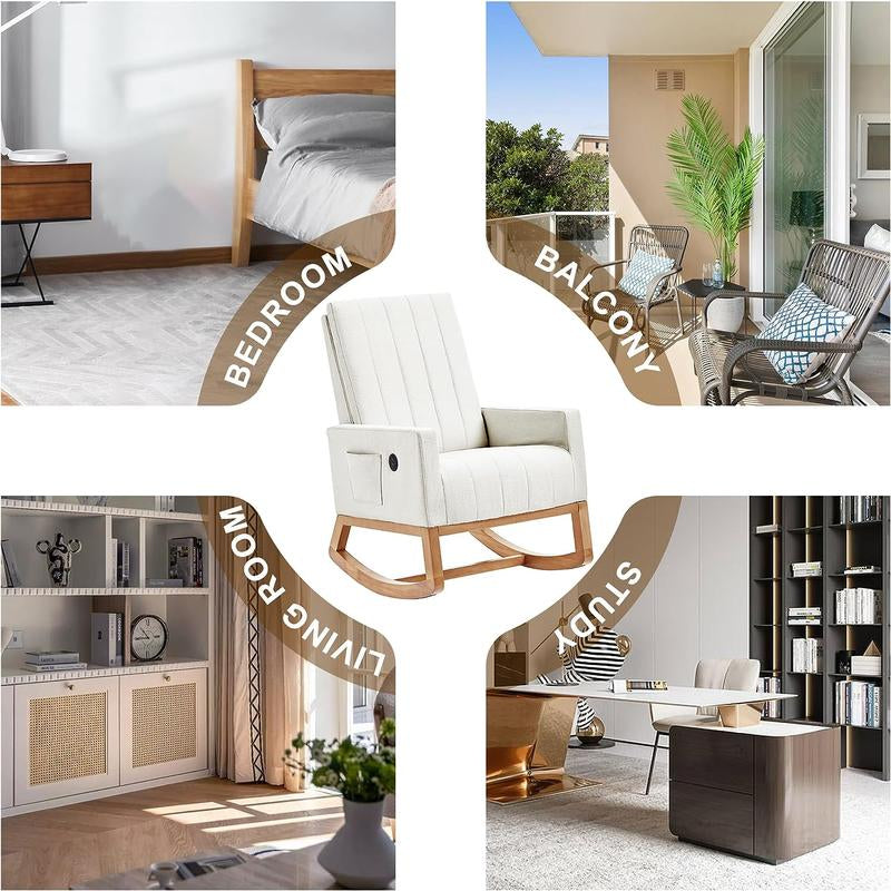 VECELO Rocking Chair with USB Charging Port Nursery Chair Upholstered Glider Rocking Chair Upholstered Seat High Back Armchair Comfort Side Chair for Living Room Bedroom Office (Ivory/Gray/Brown)