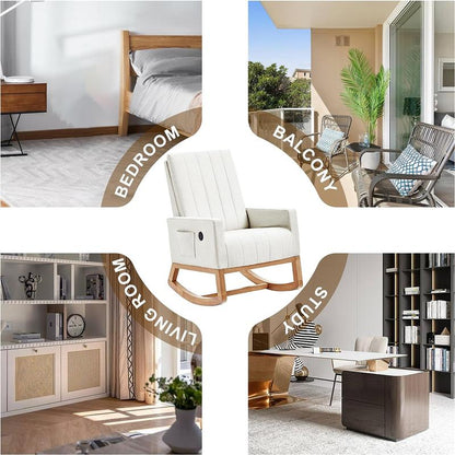 VECELO Rocking Chair with USB Charging Port Nursery Chair Upholstered Glider Rocking Chair Upholstered Seat High Back Armchair Comfort Side Chair for Living Room Bedroom Office (Ivory/Gray/Brown)