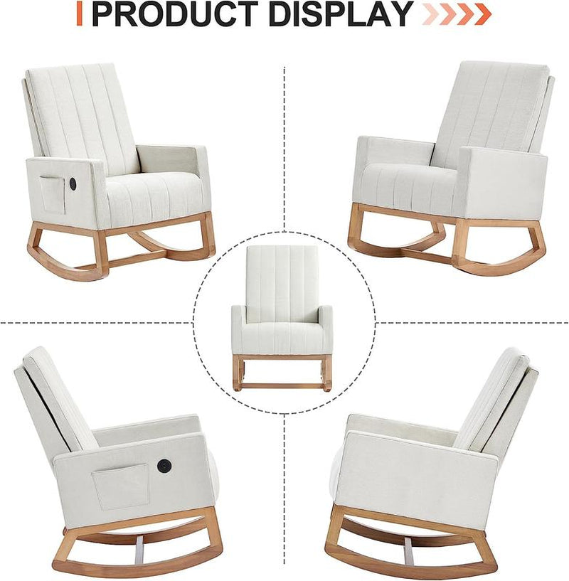 VECELO Rocking Chair with USB Charging Port Nursery Chair Upholstered Glider Rocking Chair Upholstered Seat High Back Armchair Comfort Side Chair for Living Room Bedroom Office (Ivory/Gray/Brown)