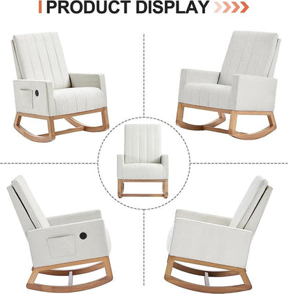 VECELO Rocking Chair with USB Charging Port Nursery Chair Upholstered Glider Rocking Chair Upholstered Seat High Back Armchair Comfort Side Chair for Living Room Bedroom Office (Ivory/Gray/Brown)