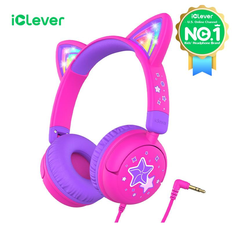 Iclever Kids Cat Ear Led Lights up Wired Headphones 85Dba Safe Volume Stereo Sound I Clever Cable Adjustable Headset