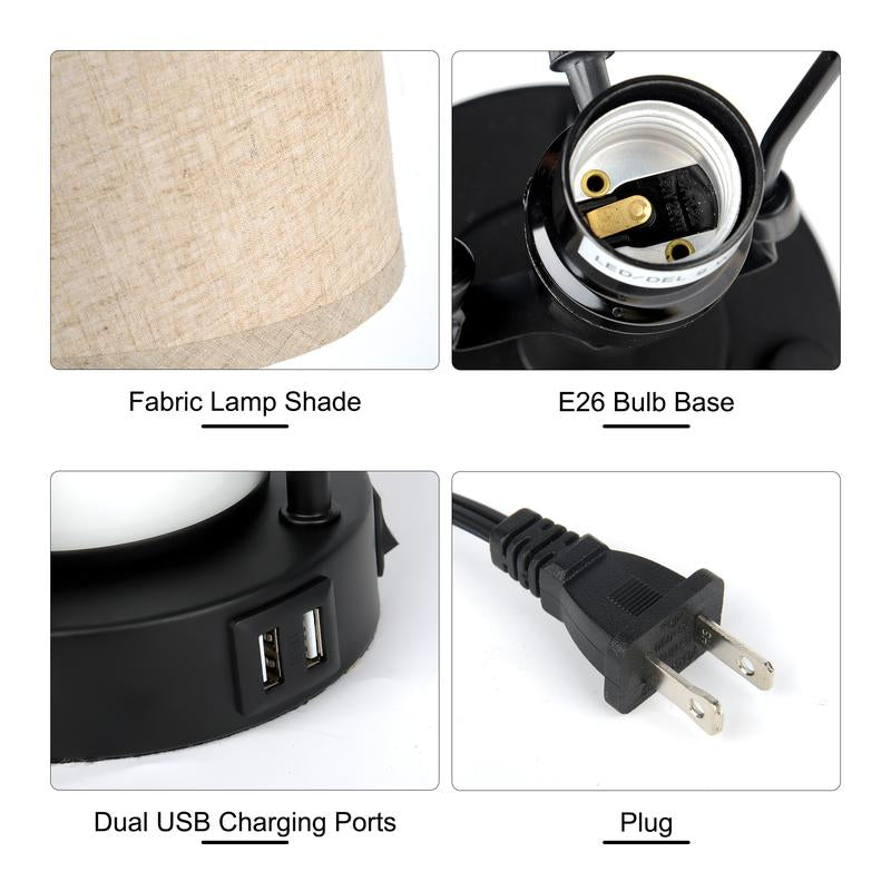Bedside Table Lamp with USB Port - Touch Control for Bedroom Nightstand Lamp with round Flaxen Fabric Shade for Living Room, Dorm, Home Office (LED Bulb Included)