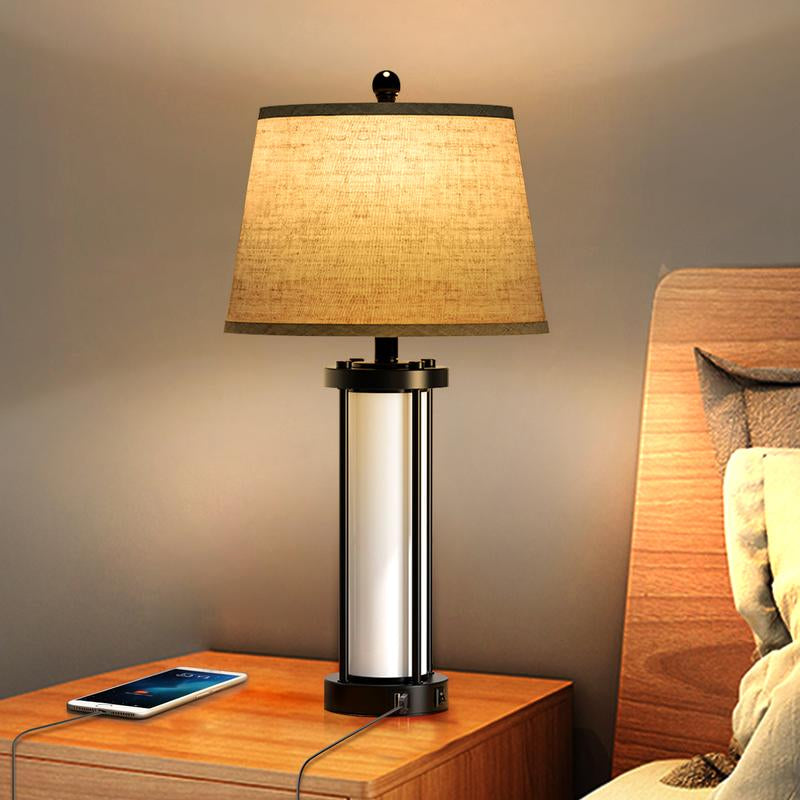 Bedside Table Lamp with USB Port - Touch Control for Bedroom Nightstand Lamp with round Flaxen Fabric Shade for Living Room, Dorm, Home Office (LED Bulb Included)