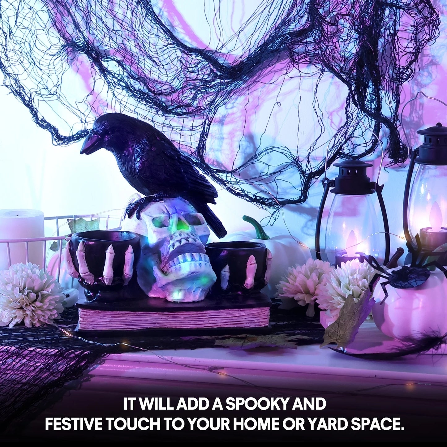 Halloween Skull Decorations with LED Lights, Halloween Candlesticks, Raven Decor, Halloween Decor