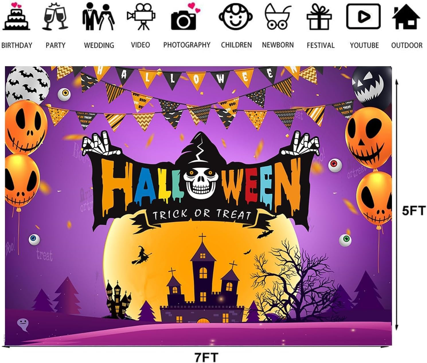 7X5Ft Halloween Trick or Treat Backdrop Banner - Spooky Castle Pumpkin Balloon Ghost Design Photography Background for Halloween Party Decoration Kids Photo Booth Supplies 195
