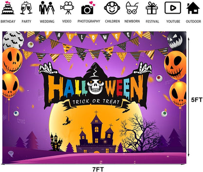 7X5Ft Halloween Trick or Treat Backdrop Banner - Spooky Castle Pumpkin Balloon Ghost Design Photography Background for Halloween Party Decoration Kids Photo Booth Supplies 195
