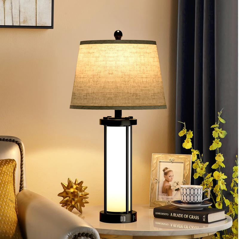 Bedside Table Lamp with USB Port - Touch Control for Bedroom Nightstand Lamp with round Flaxen Fabric Shade for Living Room, Dorm, Home Office (LED Bulb Included)