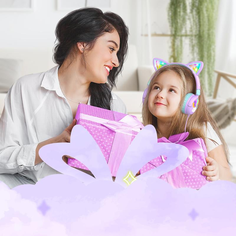 Iclever Kids Cat Ear Led Lights up Wired Headphones 85Dba Safe Volume Stereo Sound I Clever Cable Adjustable Headset