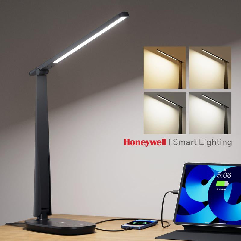 Honeywell Desk Lamp H2 | CRI≥94 Eye-Caring Foldable LED Light USB A+C Dual Charging | 30,000H Life | 4 Modes Touch Control, Timer & Dimmable | Perfect for Home Office, Study & Nightstand | Trending Must-Have for Remote Work!