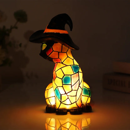 Halloween Deal! Cat Desk Lamp for Halloween Decoration, Pumpkin Hat Stained Cat Desk Lamp, Warmlight Resin Night Light for Happy Halloween (2Pcs)