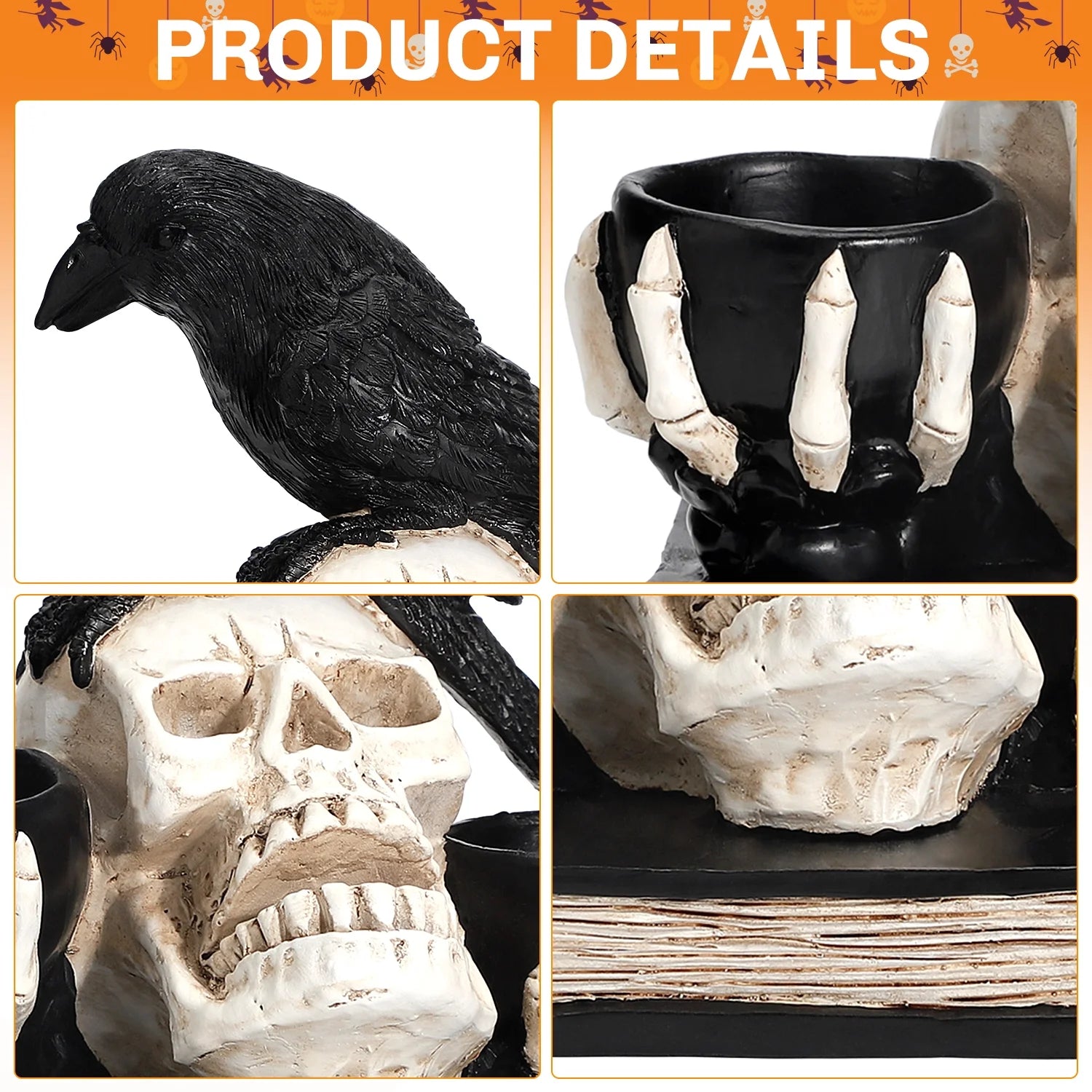 Halloween Skull Decorations with LED Lights, Halloween Candlesticks, Raven Decor, Halloween Decor
