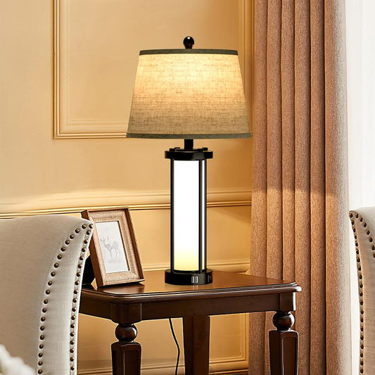 Bedside Table Lamp with USB Port - Touch Control for Bedroom Nightstand Lamp with round Flaxen Fabric Shade for Living Room, Dorm, Home Office (LED Bulb Included)