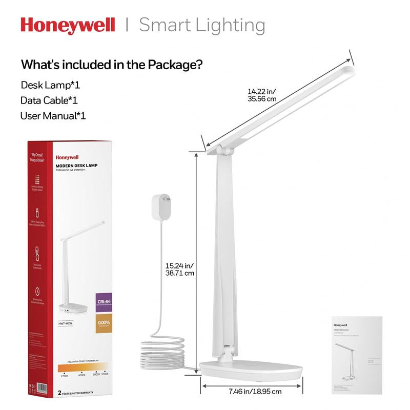 Honeywell Desk Lamp H2 | CRI≥94 Eye-Caring Foldable LED Light USB A+C Dual Charging | 30,000H Life | 4 Modes Touch Control, Timer & Dimmable | Perfect for Home Office, Study & Nightstand | Trending Must-Have for Remote Work!