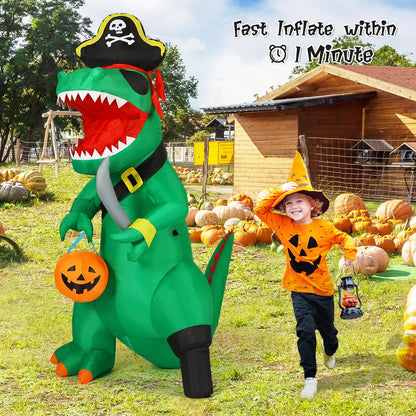 7FT Outdoor Halloween Decorations Halloween Dinosaur Inflatable, Halloween Inflatables Blow up Dinosaur, Green Pirate Dino Halloween Decorations Dinosaur Halloween Inflatable for Holiday/Party
