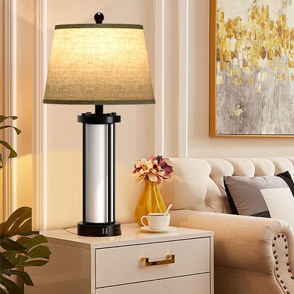 Bedside Table Lamp with USB Port - Touch Control for Bedroom Nightstand Lamp with round Flaxen Fabric Shade for Living Room, Dorm, Home Office (LED Bulb Included)