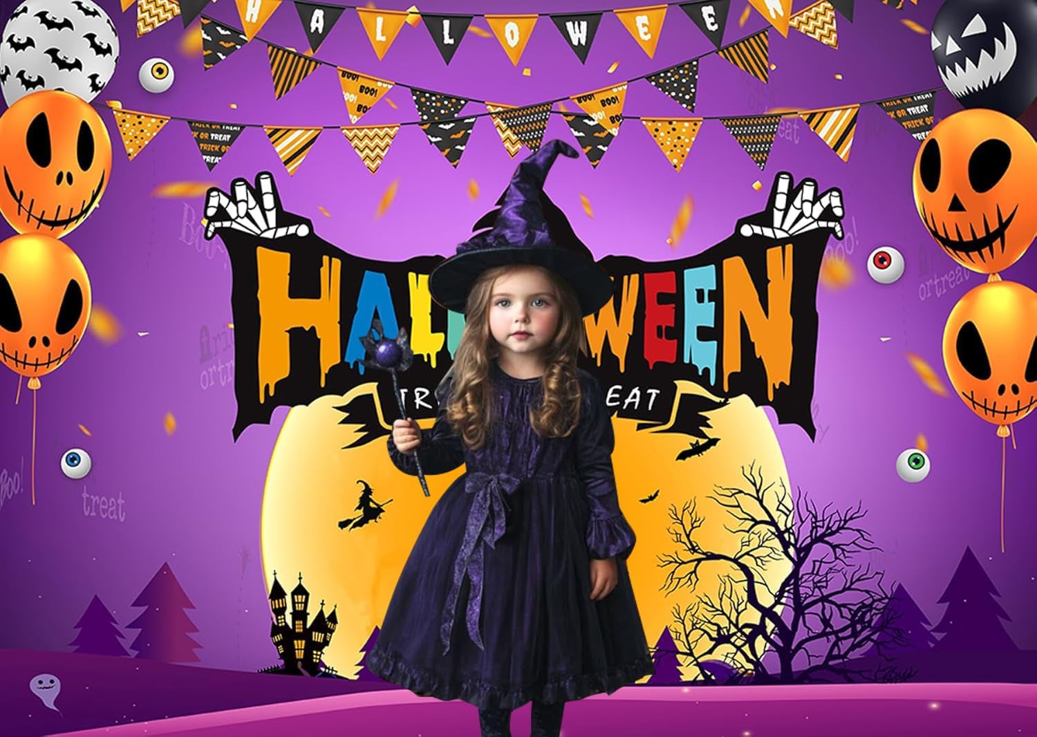 7X5Ft Halloween Trick or Treat Backdrop Banner - Spooky Castle Pumpkin Balloon Ghost Design Photography Background for Halloween Party Decoration Kids Photo Booth Supplies 195