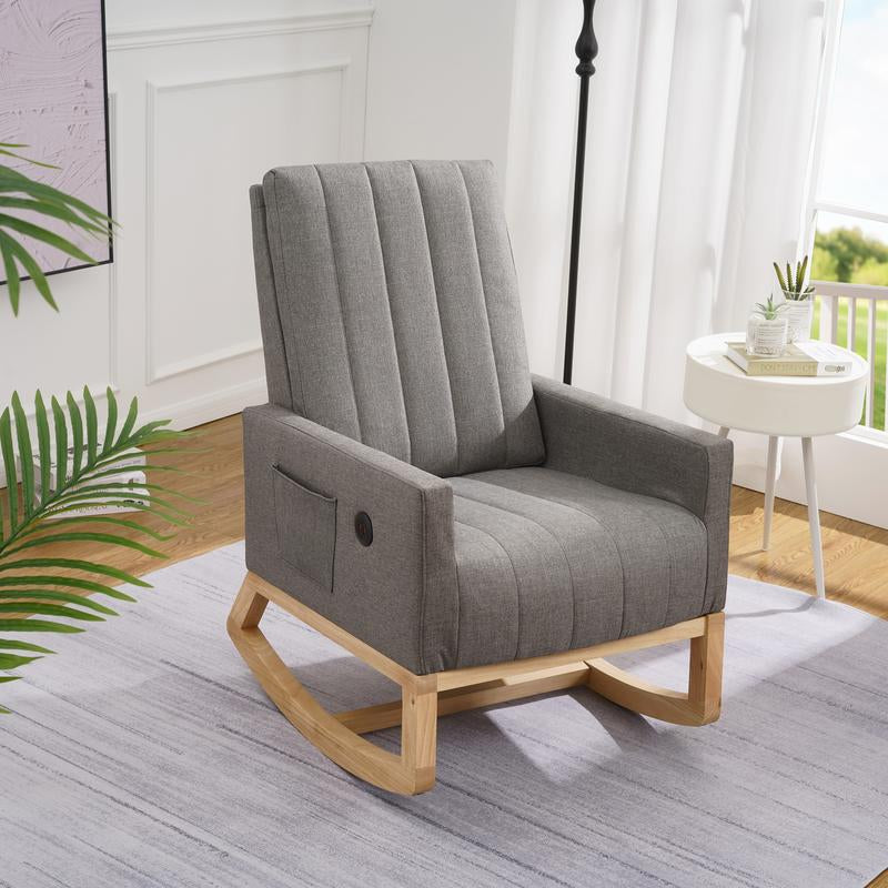 VECELO Rocking Chair with USB Charging Port Nursery Chair Upholstered Glider Rocking Chair Upholstered Seat High Back Armchair Comfort Side Chair for Living Room Bedroom Office (Ivory/Gray/Brown)