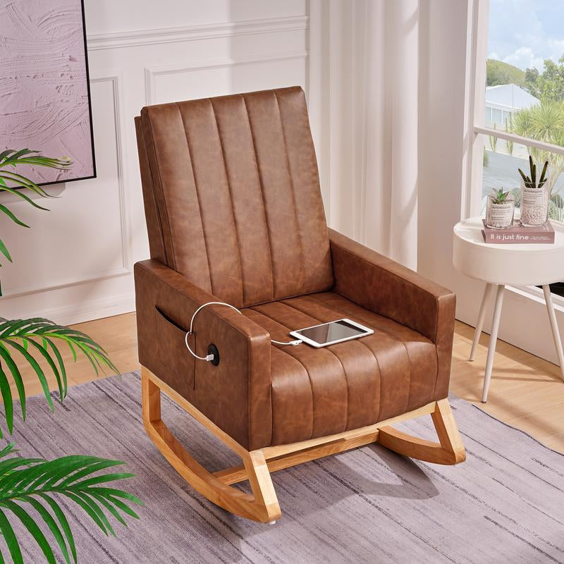 VECELO Rocking Chair with USB Charging Port Nursery Chair Upholstered Glider Rocking Chair Upholstered Seat High Back Armchair Comfort Side Chair for Living Room Bedroom Office (Ivory/Gray/Brown)