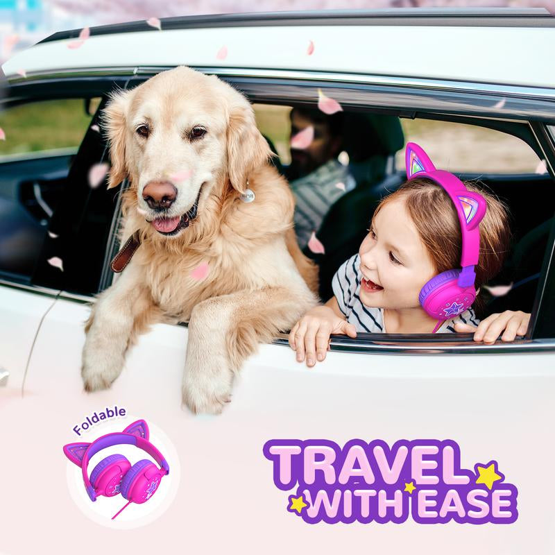 Iclever Kids Cat Ear Led Lights up Wired Headphones 85Dba Safe Volume Stereo Sound I Clever Cable Adjustable Headset
