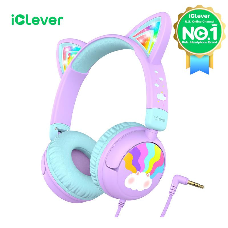 Iclever Kids Cat Ear Led Lights up Wired Headphones 85Dba Safe Volume Stereo Sound I Clever Cable Adjustable Headset