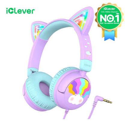 Iclever Kids Cat Ear Led Lights up Wired Headphones 85Dba Safe Volume Stereo Sound I Clever Cable Adjustable Headset