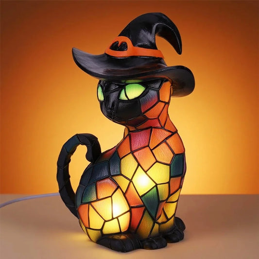 Halloween Deal! Cat Desk Lamp for Halloween Decoration, Pumpkin Hat Stained Cat Desk Lamp, Warmlight Resin Night Light for Happy Halloween (2Pcs)