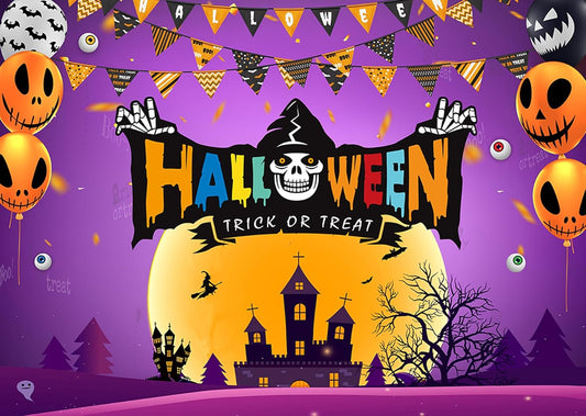 7X5Ft Halloween Trick or Treat Backdrop Banner - Spooky Castle Pumpkin Balloon Ghost Design Photography Background for Halloween Party Decoration Kids Photo Booth Supplies 195