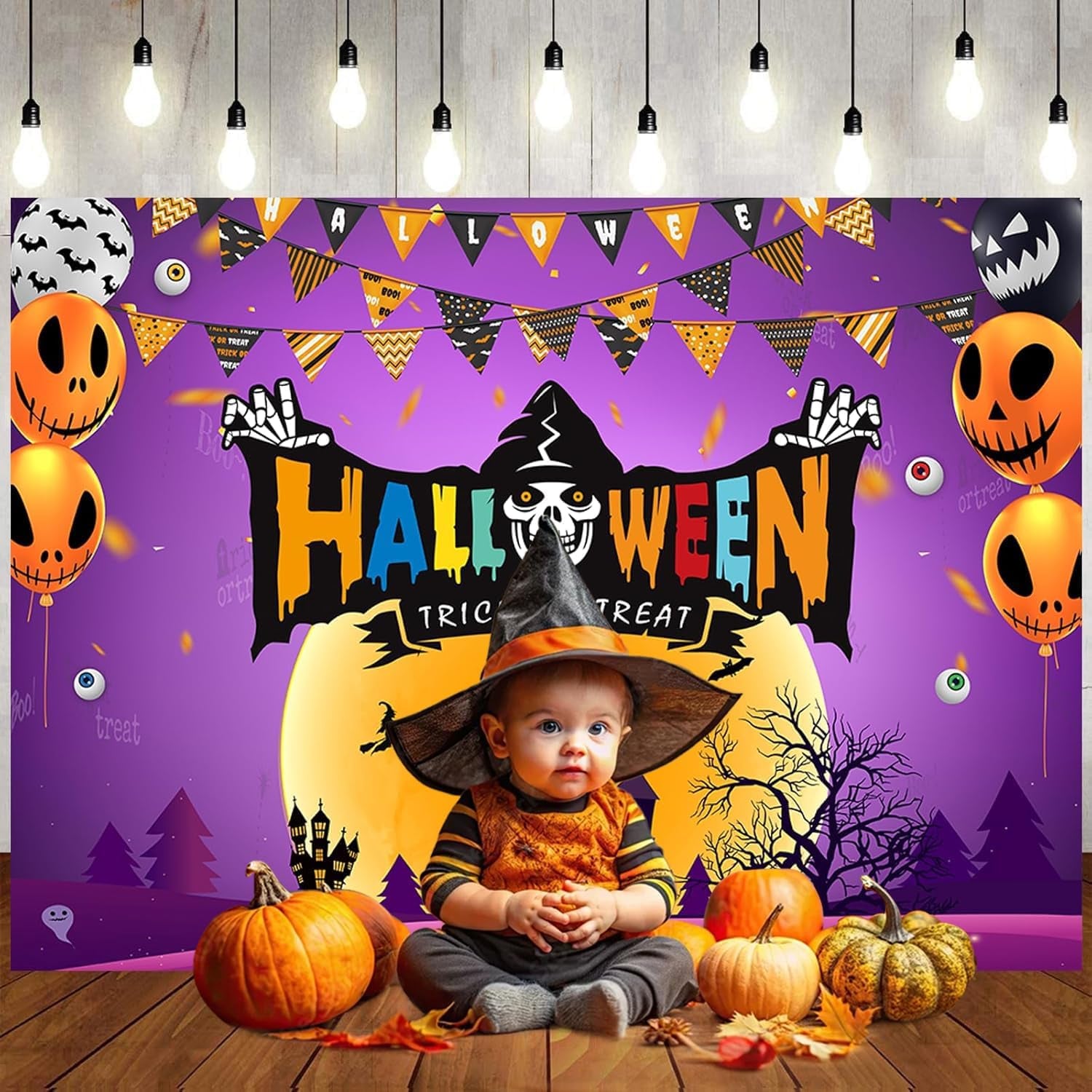 7X5Ft Halloween Trick or Treat Backdrop Banner - Spooky Castle Pumpkin Balloon Ghost Design Photography Background for Halloween Party Decoration Kids Photo Booth Supplies 195