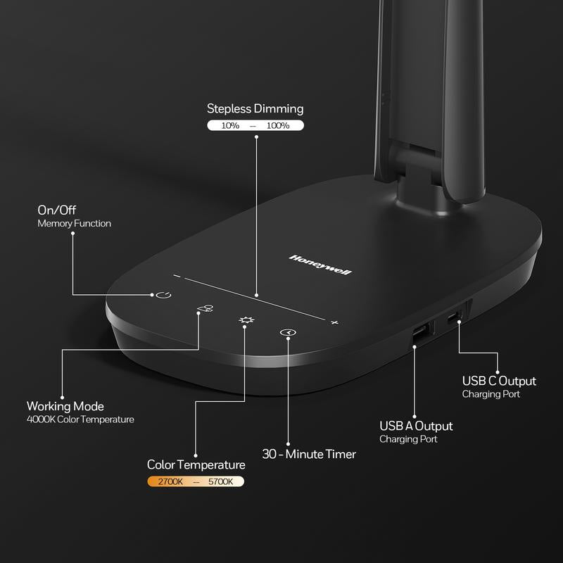 Honeywell Desk Lamp H2 | CRI≥94 Eye-Caring Foldable LED Light USB A+C Dual Charging | 30,000H Life | 4 Modes Touch Control, Timer & Dimmable | Perfect for Home Office, Study & Nightstand | Trending Must-Have for Remote Work!