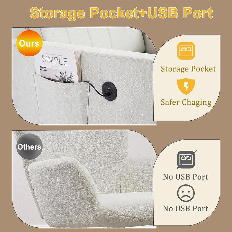 VECELO Rocking Chair with USB Charging Port Nursery Chair Upholstered Glider Rocking Chair Upholstered Seat High Back Armchair Comfort Side Chair for Living Room Bedroom Office (Ivory/Gray/Brown)