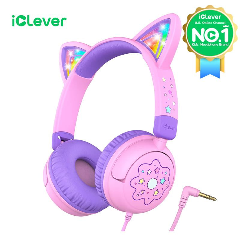 Iclever Kids Cat Ear Led Lights up Wired Headphones 85Dba Safe Volume Stereo Sound I Clever Cable Adjustable Headset