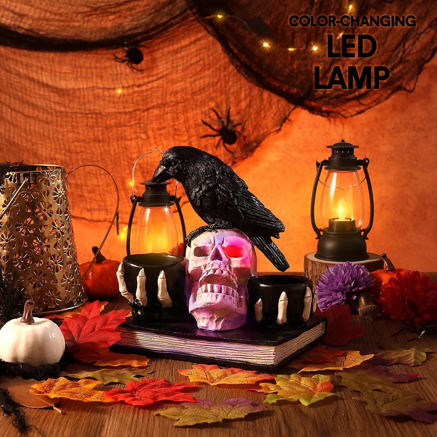 Halloween Skull Decorations with LED Lights, Halloween Candlesticks, Raven Decor, Halloween Decor