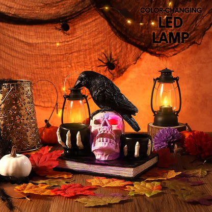 Halloween Skull Decorations with LED Lights, Halloween Candlesticks, Raven Decor, Halloween Decor