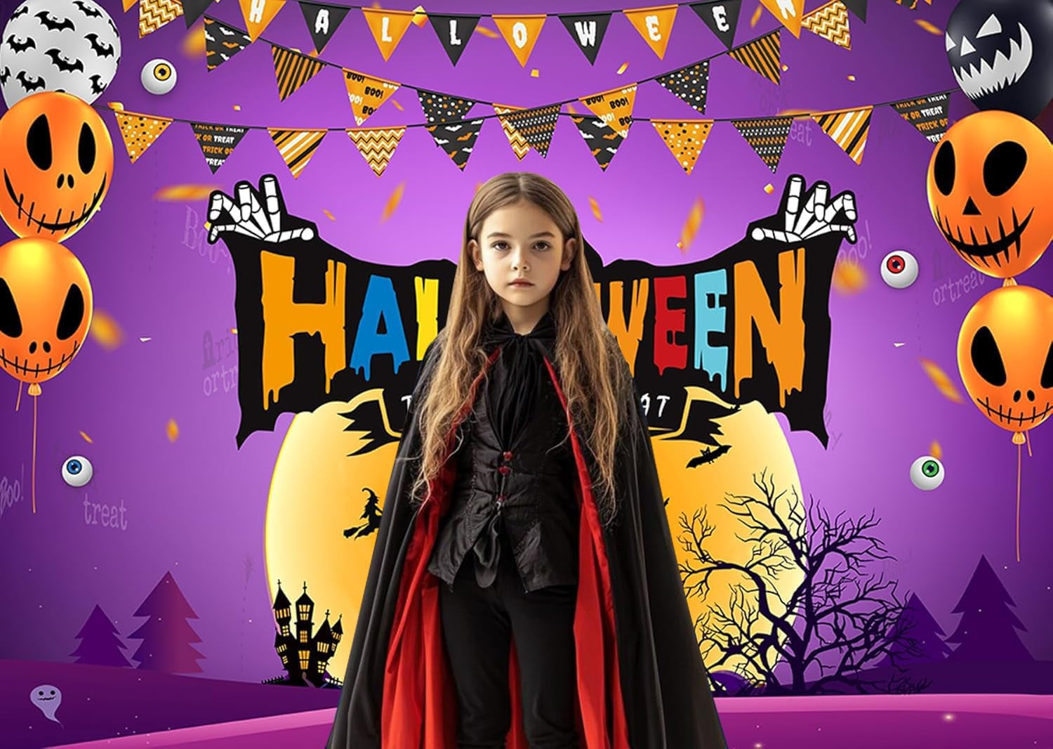 7X5Ft Halloween Trick or Treat Backdrop Banner - Spooky Castle Pumpkin Balloon Ghost Design Photography Background for Halloween Party Decoration Kids Photo Booth Supplies 195