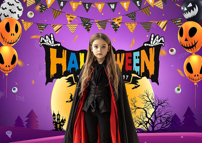 7X5Ft Halloween Trick or Treat Backdrop Banner - Spooky Castle Pumpkin Balloon Ghost Design Photography Background for Halloween Party Decoration Kids Photo Booth Supplies 195