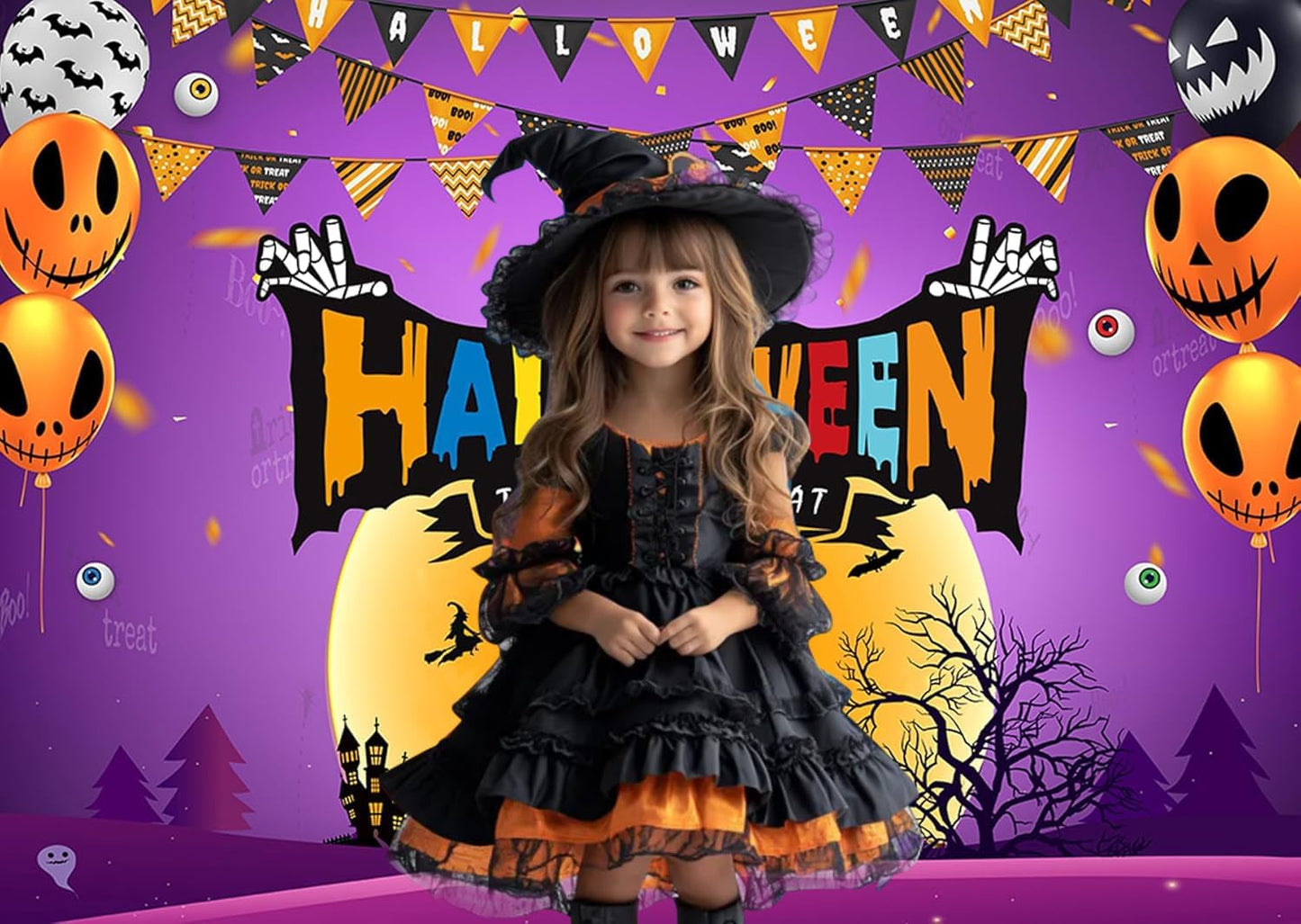 7X5Ft Halloween Trick or Treat Backdrop Banner - Spooky Castle Pumpkin Balloon Ghost Design Photography Background for Halloween Party Decoration Kids Photo Booth Supplies 195