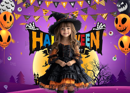 7X5Ft Halloween Trick or Treat Backdrop Banner - Spooky Castle Pumpkin Balloon Ghost Design Photography Background for Halloween Party Decoration Kids Photo Booth Supplies 195