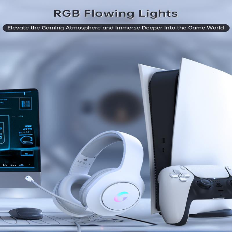 Gaming Headset for PS5, PS4, PC, Mac, Switch, Xbox, 2025 New Year, Earbud , Surround Sound RGB Gaming Headphones with Noise Canceling Mic, 50MM Dynamic Drivers, 3.5MM Audio Jack BF Cable Adapter